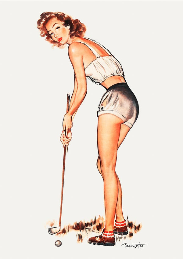 Vintage illustration of a stylish woman in retro attire posing with a golf club, ready to putt on the green.