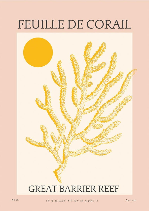 Abstract yellow coral illustration with a sun, titled "Feuille De Corail No. 06 Plakat," Great Barrier Reef theme.
