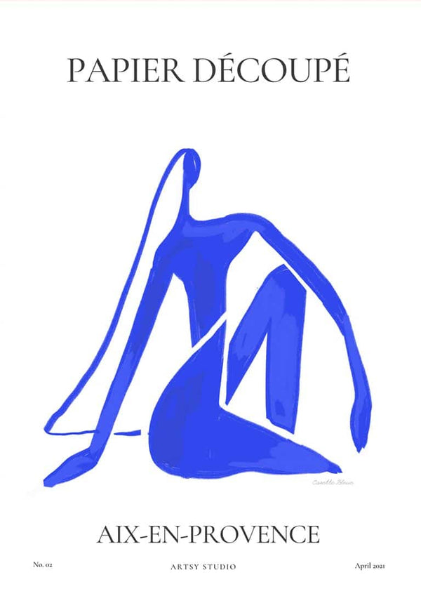 Minimalist blue abstract figure artwork with French text, featured as Blue By Casette Bleue Plakat til Stuen.