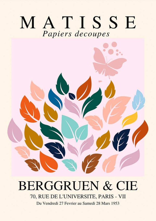 Colorful abstract leaves and a butterfly on a pink background, inspired by Matisse cut-out art style.