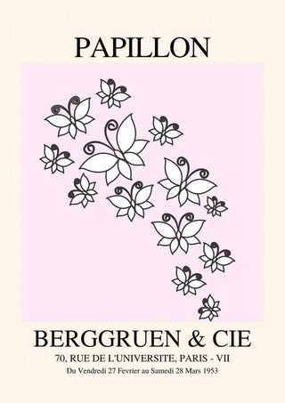 Poster featuring black outlined butterflies on a pale pink background, with text "PAPILLON" and gallery details below.