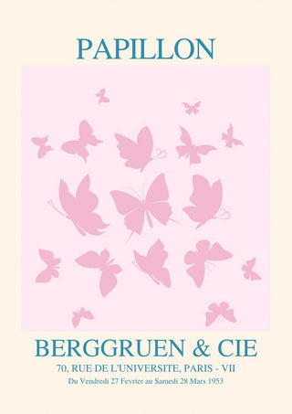 Poster of pink butterflies with the text "Papillon" and gallery details for Inspired Papillon No. 02 Plakat.