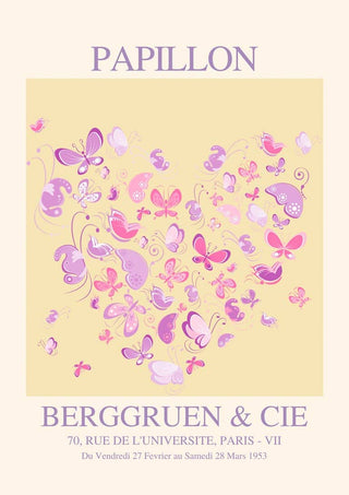 Poster of purple and pink butterflies forming a heart, with "Papillon" and gallery details beneath.