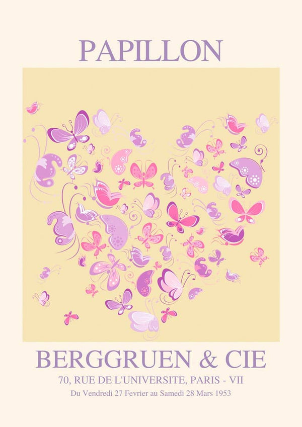 Poster of purple and pink butterflies forming a heart, with "Papillon" and gallery details beneath.