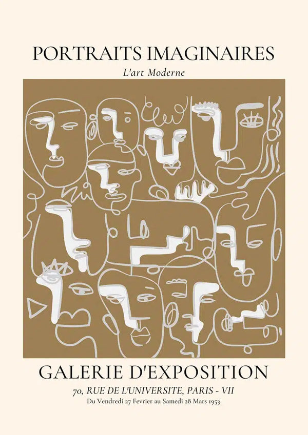 Abstract line art faces on a brown background for Portraits Imaginaires Brown Plakat product page.