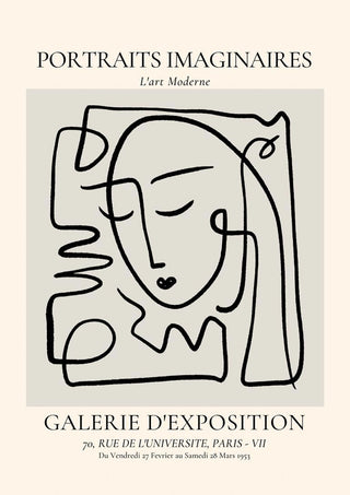 Minimalist line drawing of a serene face with closed eyes, titled "Portraits Imaginaires Grey Plakat".