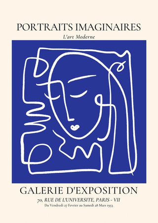 Abstract blue and white line art portrait with text "Portraits Imaginaires" featured on a gallery exhibition poster.