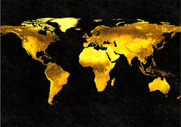 Gold world map poster with continents in gold tones on a black background.