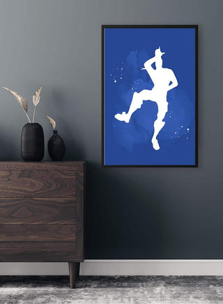 Fortnite Dance No 01 Gamer poster featuring a white dance silhouette on a blue background, framed on a wall.