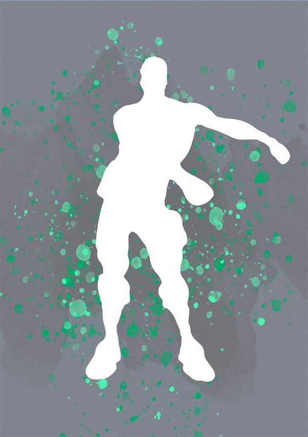 Silhouette of a dancing Fortnite character with green splatter background on the Gamer Plakat poster.