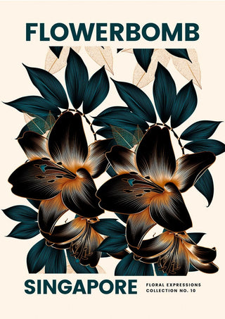 Artistic illustration of dark flowers and leaves, labeled Flowerbomb Singapore Plakat on a product page.