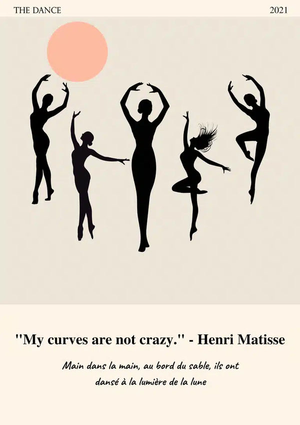 Abstract dancers silhouetted against a light background with quote, inspired by Matisse's The Dance II artwork.
