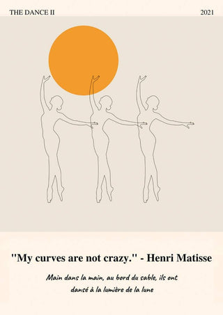 Minimalist line art of three dancers with an orange circle, inspired by Matisse's The Dance II.