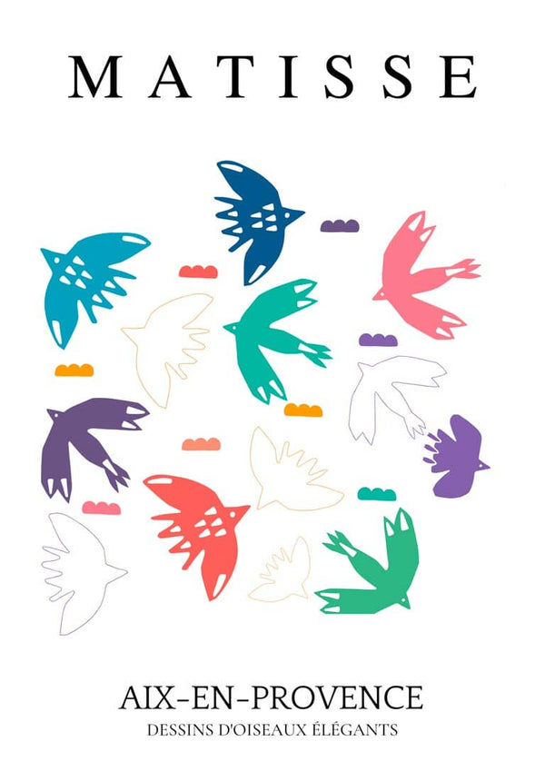 Colorful abstract birds in Matisse-inspired cutout style on a white background, with elegant text above and below.