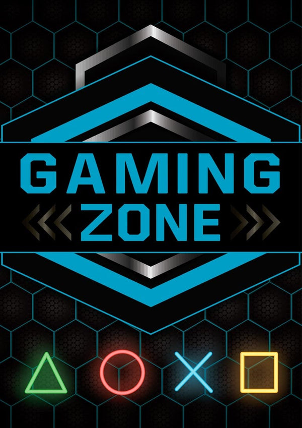 Fortnite Gamer Plakat featuring "Gaming Zone" text with neon geometric shapes on a hexagon background.
