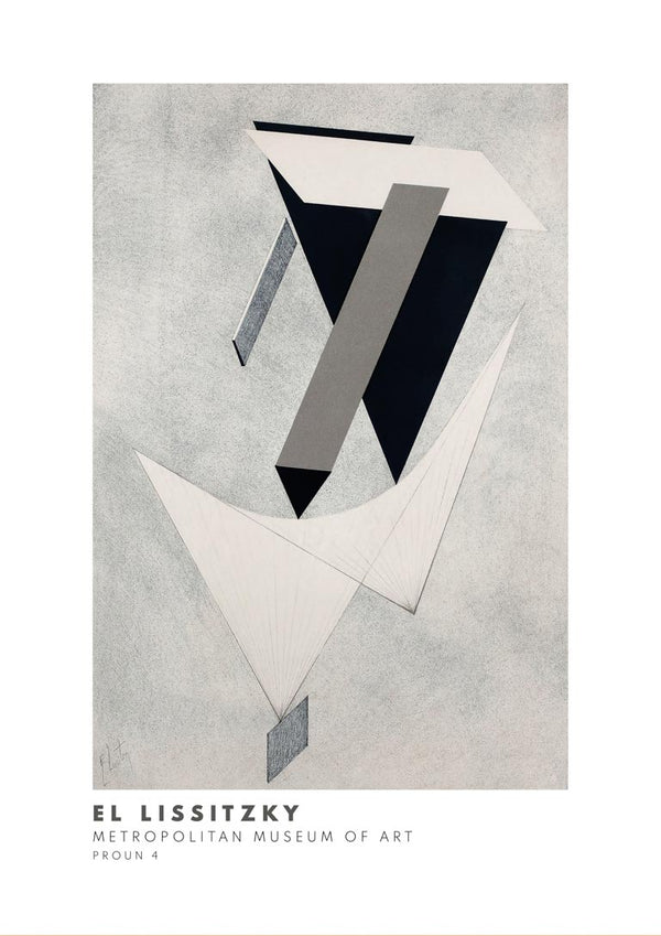 Abstract geometric composition in black, gray, and white; text below reads "El Lissitzky Metropolitan Museum of Art."