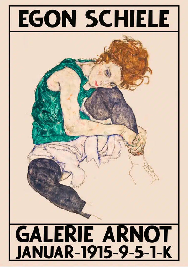 Poster of Egon Schiele’s artwork showing a seated figure with red hair, promoting Galerie Arnot 1915 exhibition.