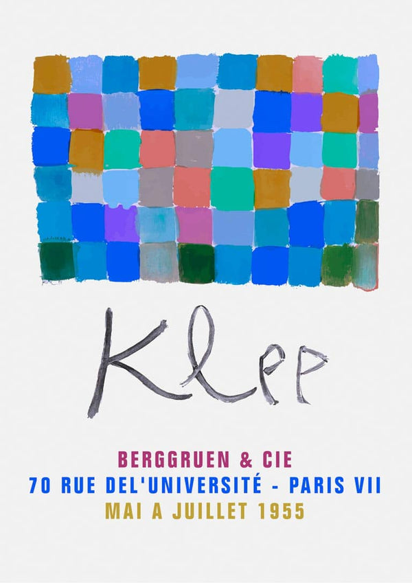 Paul Klee Blue Exhibition 1955 poster with colorful abstract squares and exhibition details in French.