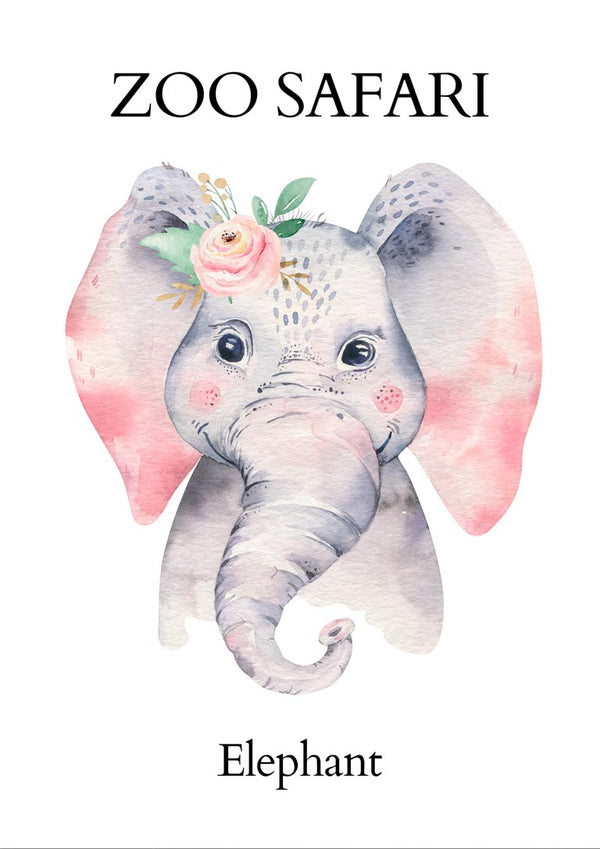 Watercolor illustration of a cute elephant with pink ears and a flower crown, labeled "Zoo Safari - Elephant Plakat".