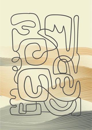 Abstract plakat with flowing brown waves and bold black lines forming organic shapes on a light background.