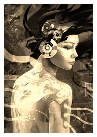 Digital artwork of a futuristic woman with mechanical elements, featured as the Modern Woman Plakat.