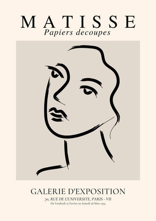 Minimalist line drawing of a woman's face in Matisse-inspired style with exhibition text below.