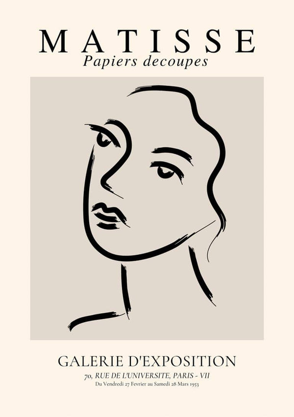 Minimalist line drawing of a woman's face in Matisse-inspired style with exhibition text below.