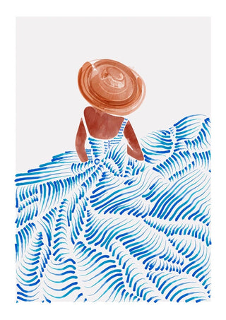 Abstract art of a woman in a summer dress and hat with flowing blue patterns, featured on a decorative poster.