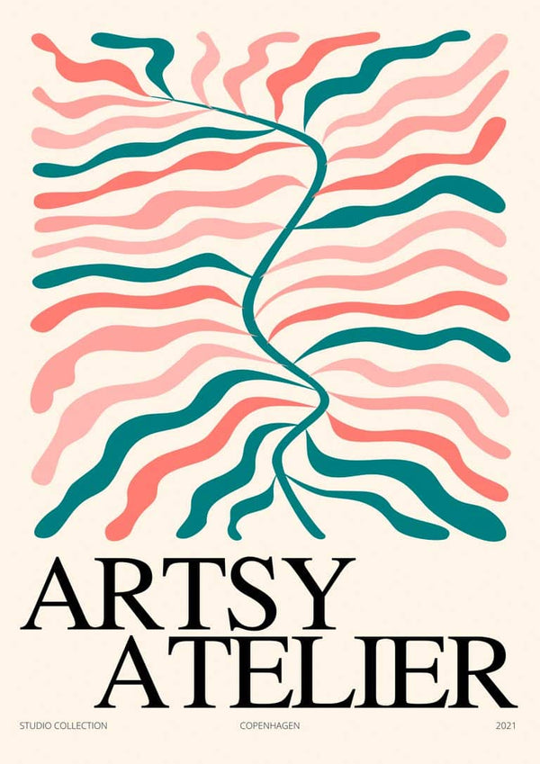 Abstract floral poster with wavy pink and green lines, titled "Artsy Atelier" in bold black letters.