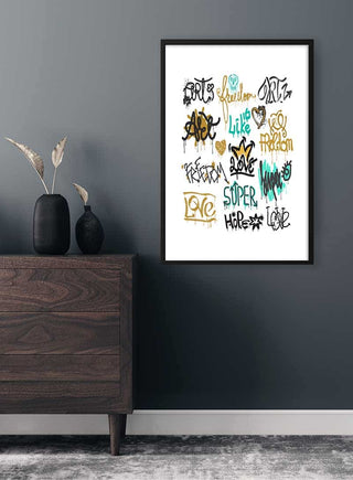 Framed Like Super Freedom Plakat with colorful graffiti-style words, displayed above a dark wooden cabinet.
