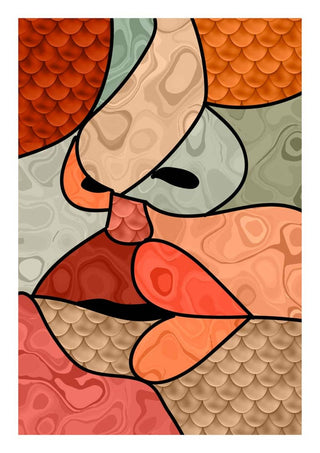 Abstract illustration of two faces kissing, featuring bold lines and textured, colorful shapes.
