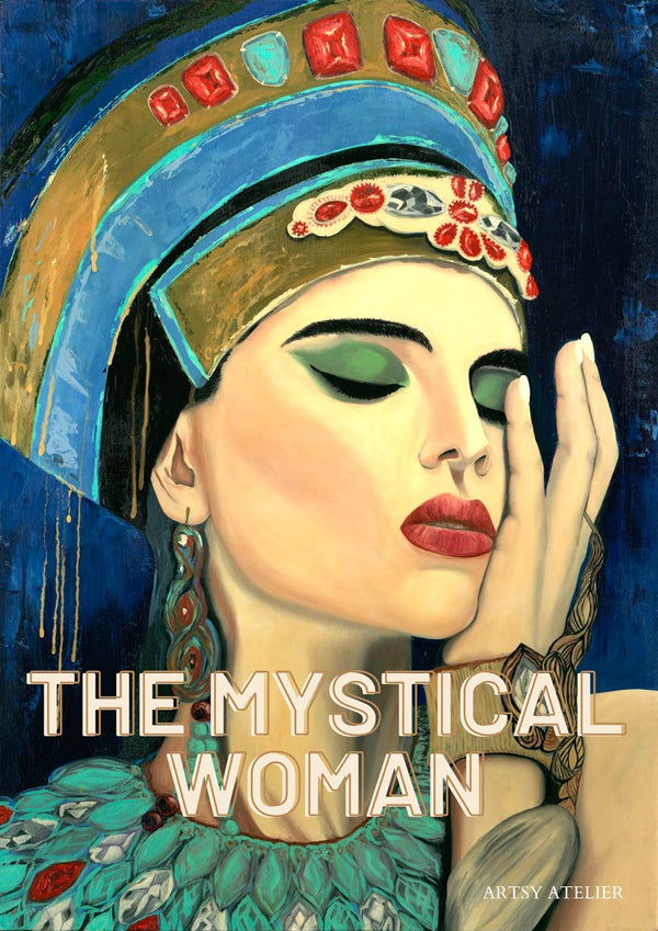 Artistic portrait of a mystical woman in ancient-inspired headdress, with bold makeup and jewelry.