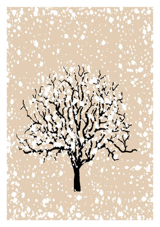 Minimalist illustration of a bare tree with snow on branches, set against a beige background with falling snow.