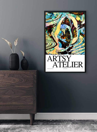Blue Collage Artsy Plakat on a dark wall above a wooden dresser, modern minimalist decor.