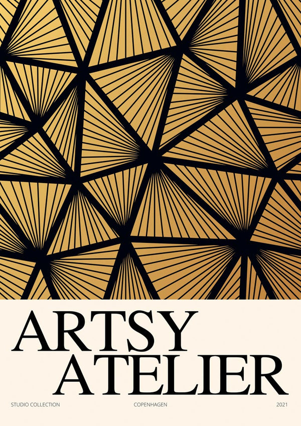Yellow Mesh Artsy Atelier Plakat with bold black geometric lines on a yellow background, modern artistic design.