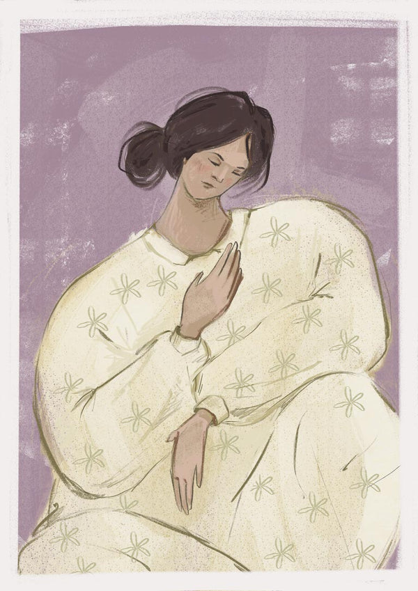 Illustration of a serene woman in a floral robe with hand on chest, featured on the Wearing Your Feelings Plakat.