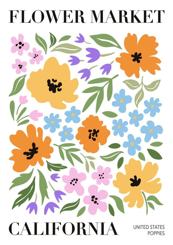 Colorful poppy flowers and leaves illustration with "Flower Market California" text on a decorative art print.