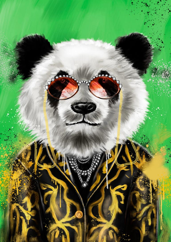 Stylish panda in gold jacket and sunglasses on green background for Panda With Gold Jacket Plakat product.