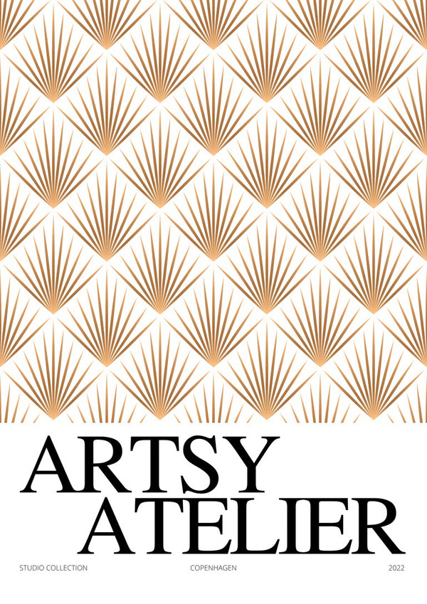 Geometric bamboo pattern in gold tones above bold "ARTSY ATELIER" text on Studio Collection Bamboo Plakat.