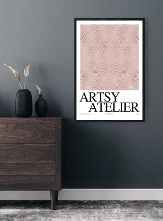 Studio Collection Blush Plakat on the wall above a dark wooden dresser with vases in a modern room.