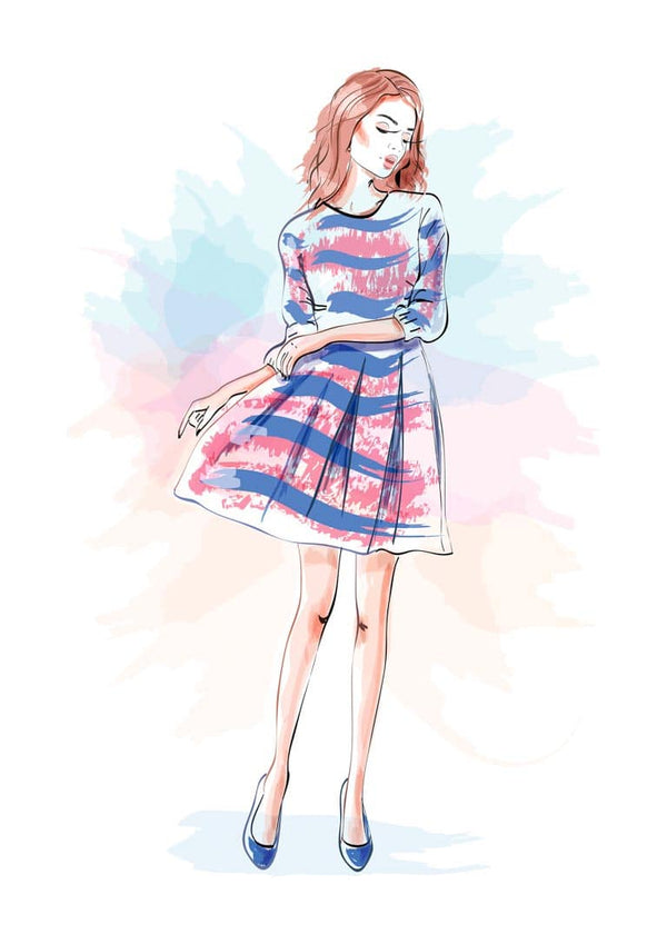 Artistic illustration of a woman in a blue and pink striped dress, standing gracefully with eyes closed.