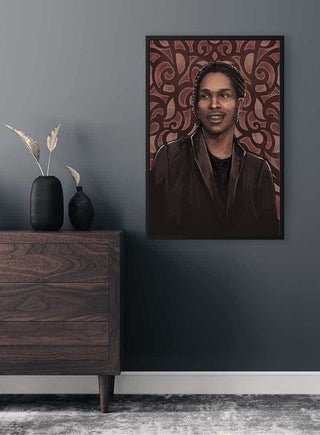 Asap Rocky Dark Art Plakat displayed on a dark wall above a wooden dresser in a modern room setting.