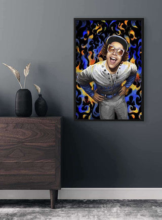Colorful Happy Harry Styles Plakat on a dark wall above a wooden dresser with minimalist decor.