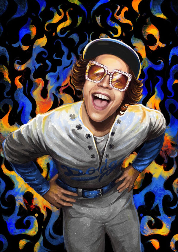 A vibrant poster of a smiling person in baseball attire with sunglasses, set against a colorful flame background.