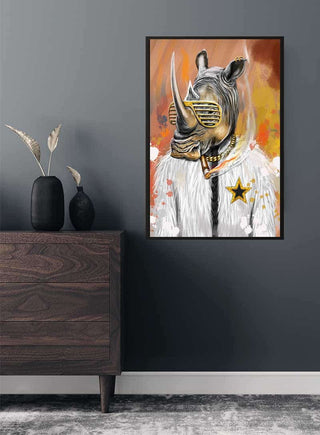 Framed Smoking Rhino Plakat art print on a dark gray wall above a wooden dresser with vases.
