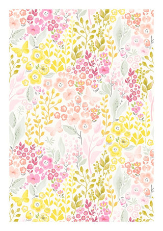 Poster with pink and yellow flowers, green leaves, and soft pastel accents in a botanical pattern.