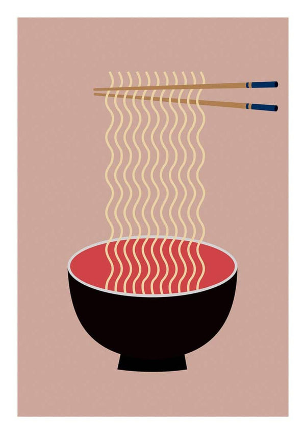 Minimalist illustration of a black bowl with ramen noodles lifted by chopsticks, featured on a poster.