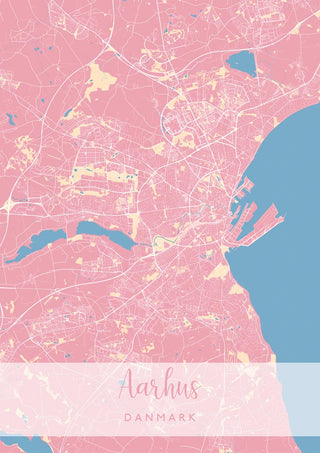 Pink and cream illustrated map poster of Aarhus, Denmark with city name at the bottom.