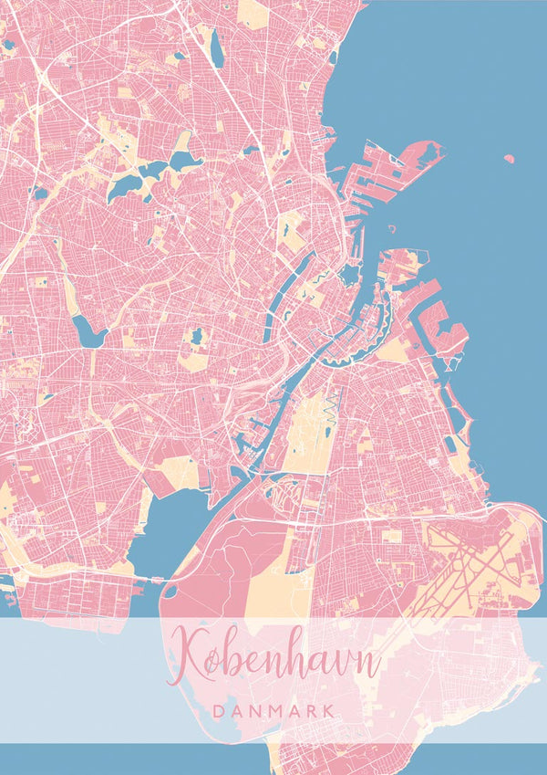 Pink and blue illustrated map of Copenhagen with "København Danmark" text on a product page for København By Plakat Lyserød.