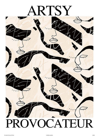 Abstract black and beige line art poster with faces and shapes, titled Artsy Provocateur No. 03 Plakat.